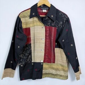 Harris Wallace Silk Blend‎ Patchwork Embroidered Button Up Shirt Jacket Size M